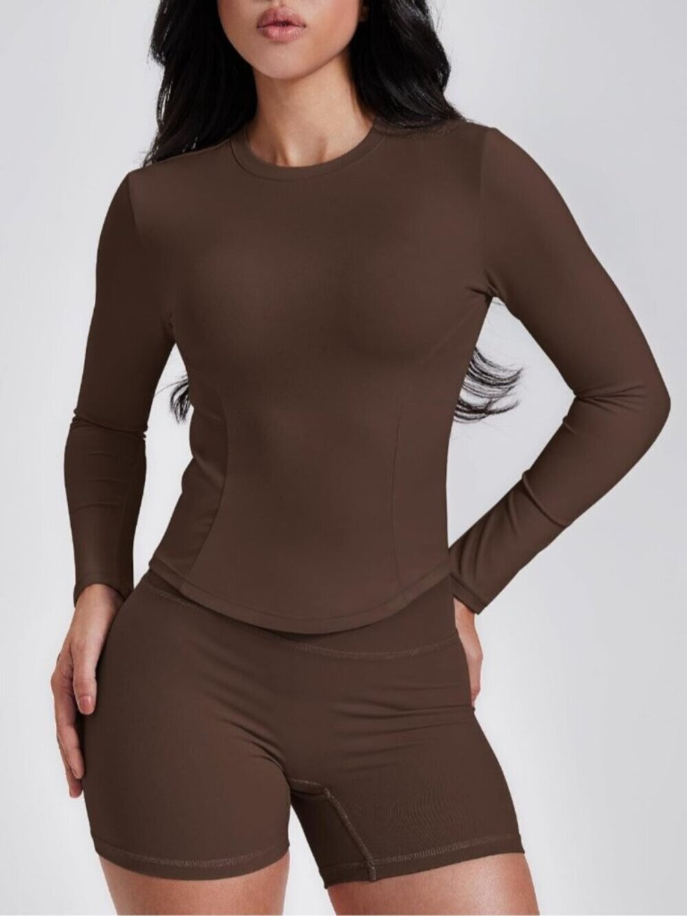 〽️Women Brown Long Sleeve Workout Shirt Cropped Athletic Tops Slim Fit Crew Neck